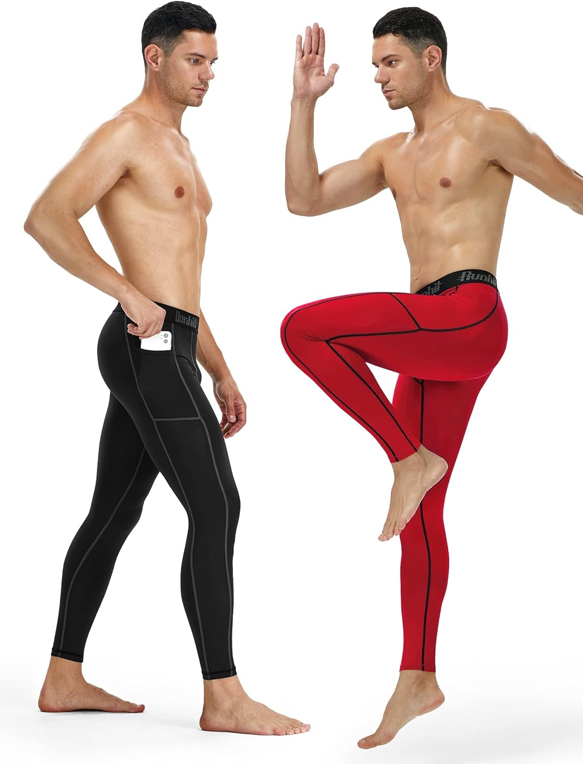 image:imageRunhit Compression Pants Men Running Tights Leggings Athletic Workout Gym Pants2 Pack With Pocket Black Red