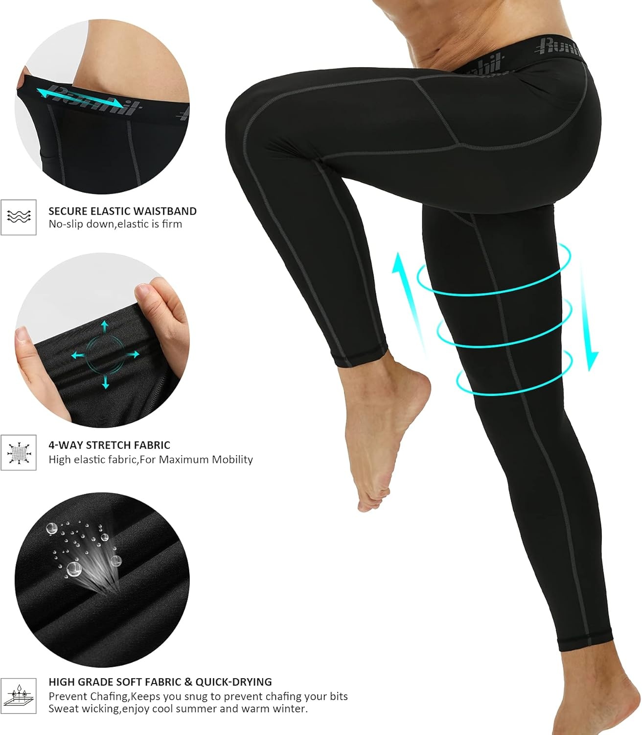 image:imageRunhit Compression Pants Men Running Tights Leggings Athletic Workout Gym Pants2 Pack With Pocket Black White