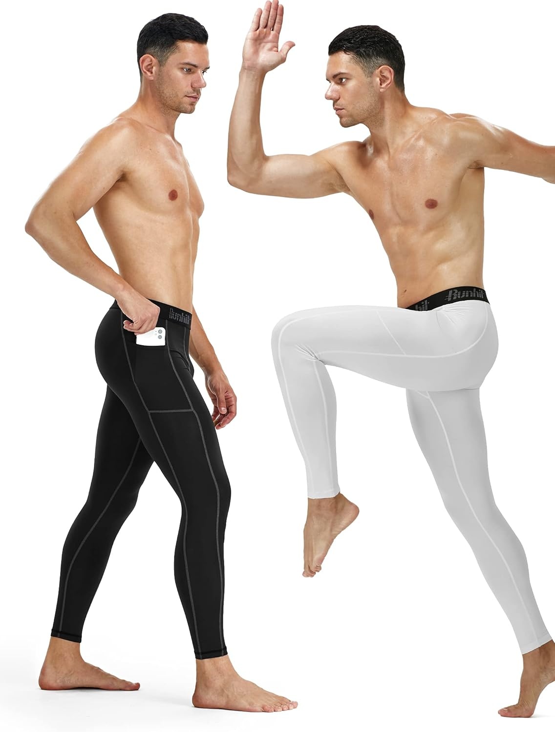 image:imageRunhit Compression Pants Men Running Tights Leggings Athletic Workout Gym Pants2 Pack With Pocket Black White