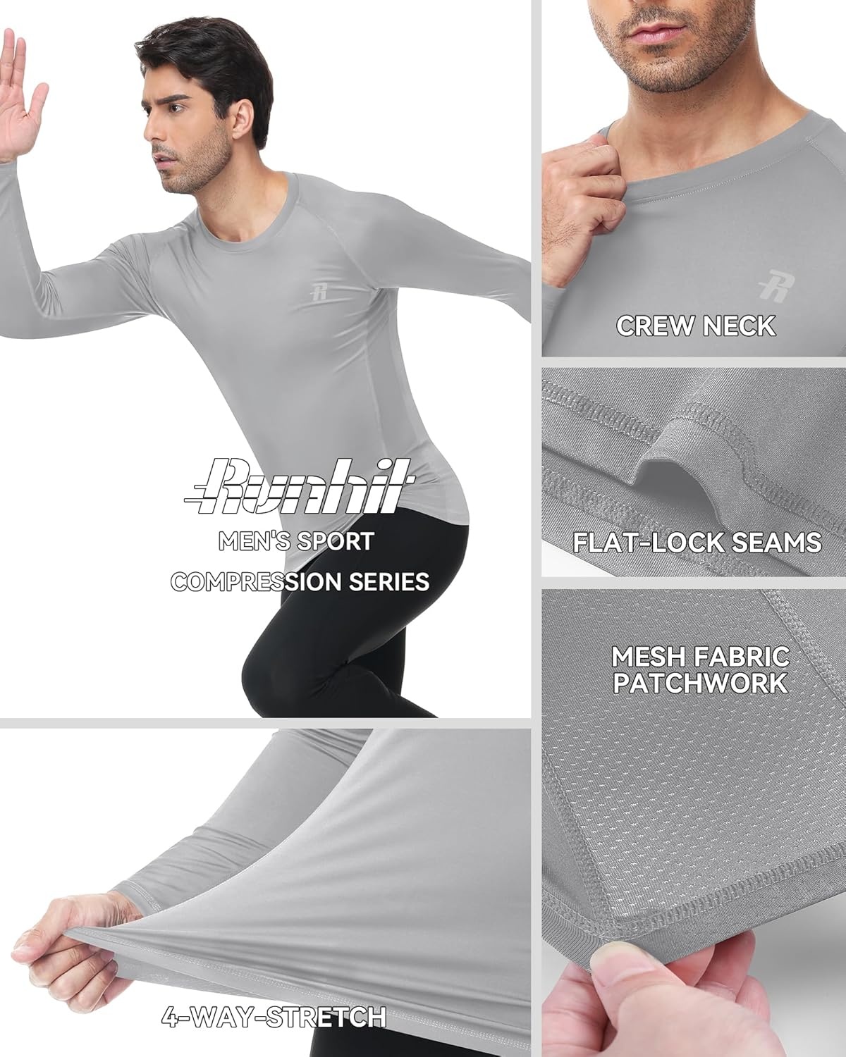 image:imageRunhit Compression Shirts for Men Long Sleeve Cool Dry Workout Undershirts Athletic Running Base Layer Top for Sports Gym2 PackblackLight Gray