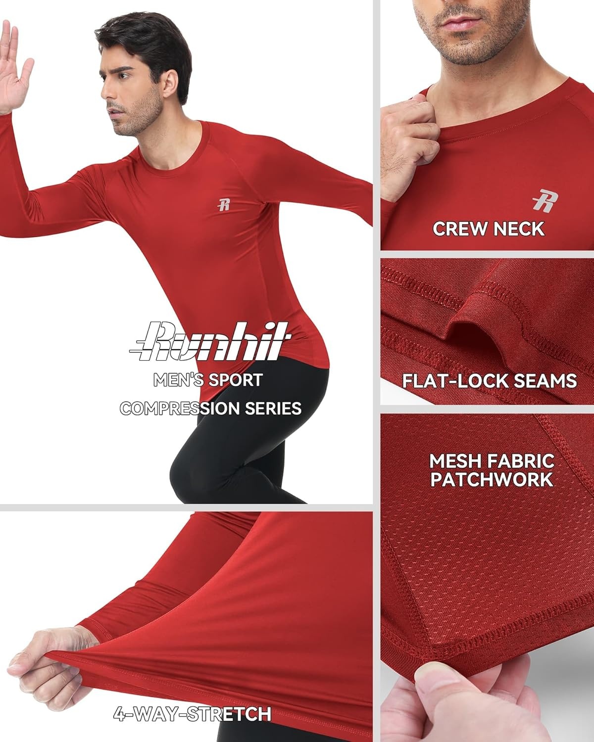 image:imageRunhit Compression Shirts for Men Long Sleeve Cool Dry Workout Undershirts Athletic Running Base Layer Top for Sports Gym2 PackblackRed