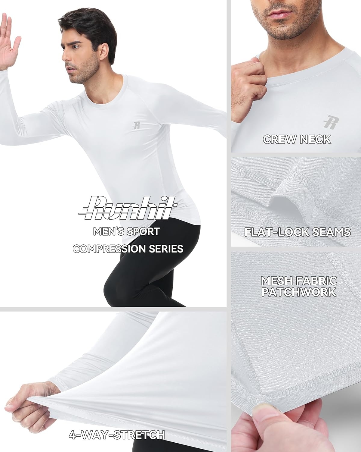 image:imageRunhit Compression Shirts for Men Long Sleeve Cool Dry Workout Undershirts Athletic Running Base Layer Top for Sports Gym2 PackwhiteWhite