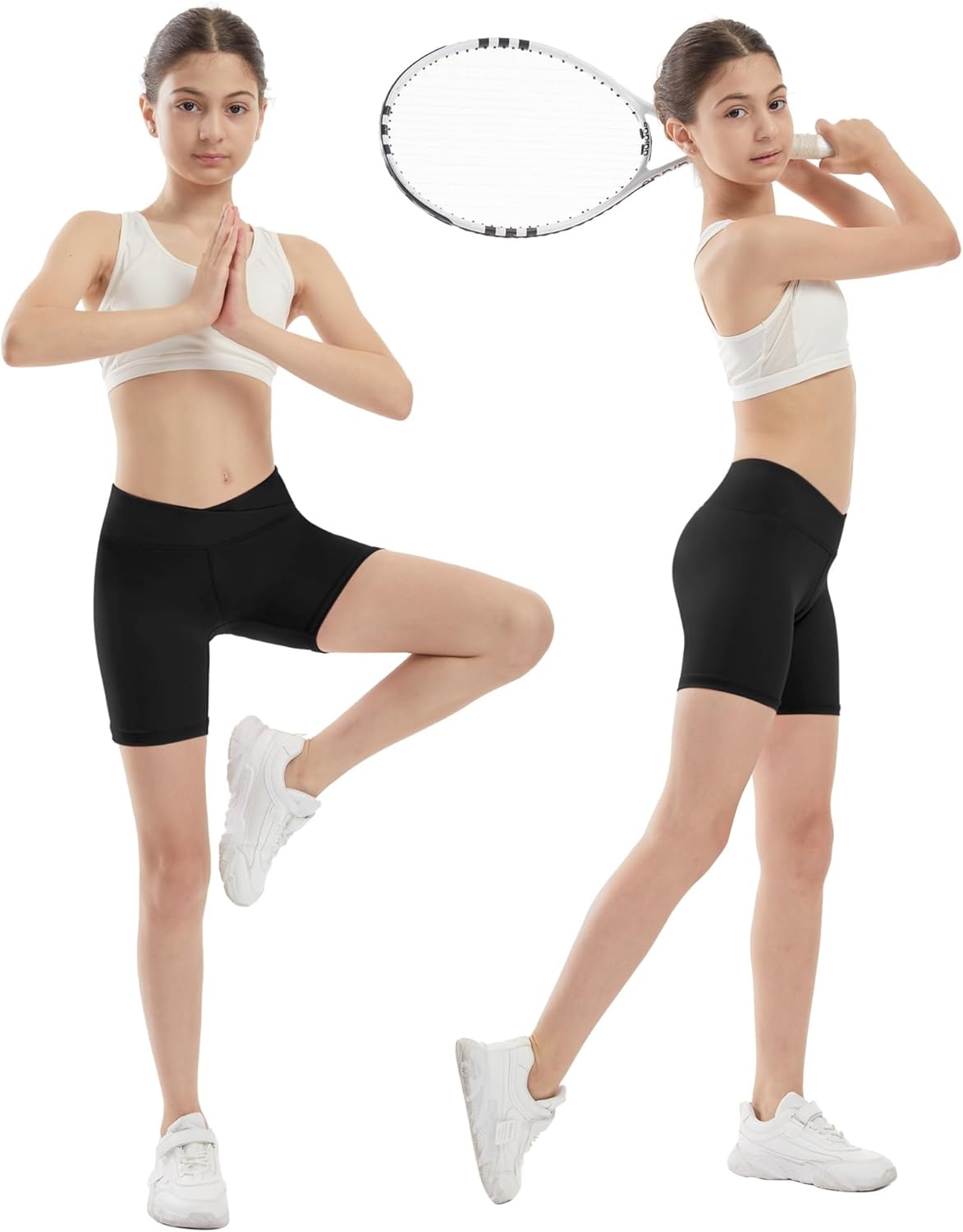 image:imageRunhit Girls Volleyball Shorts 5 Youth Spandex Biker Shorts Kids V Cross Waist Compression Dance Athletic ShortsBlack