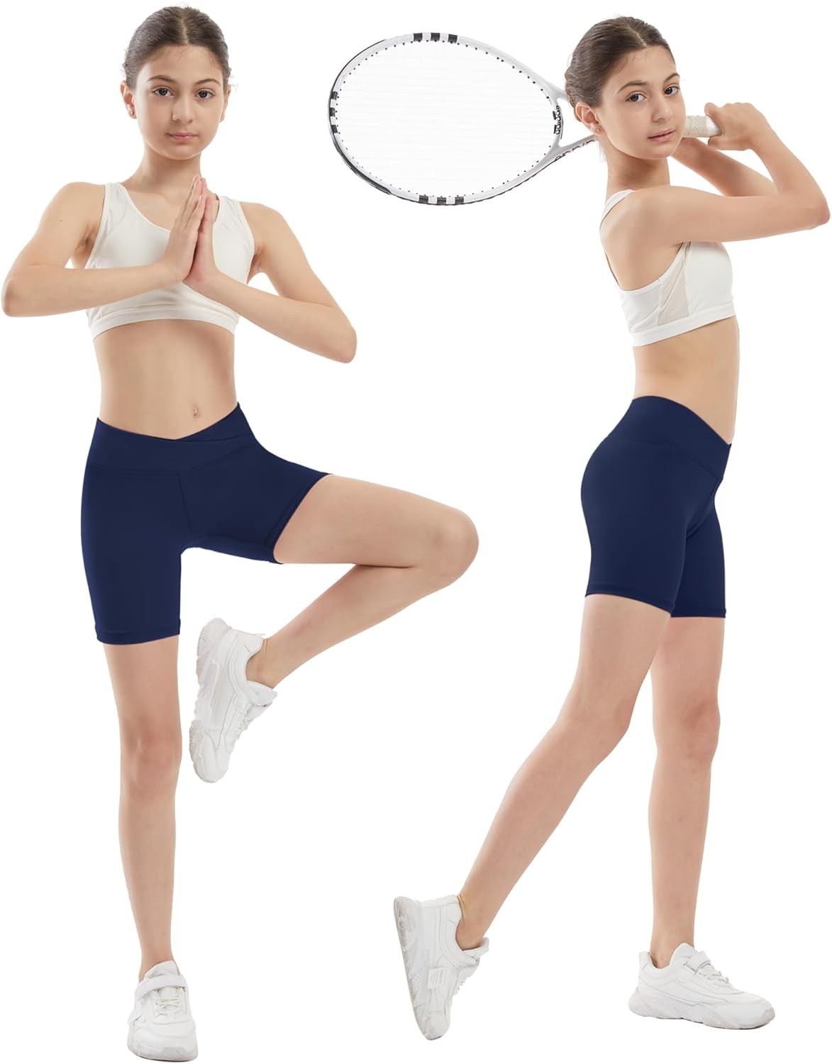 image:imageRunhit Girls Volleyball Shorts 5 Youth Spandex Biker Shorts Kids V Cross Waist Compression Dance Athletic ShortsNavy