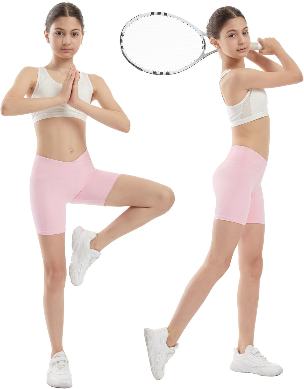 image:imageRunhit Girls Volleyball Shorts 5 Youth Spandex Biker Shorts Kids V Cross Waist Compression Dance Athletic ShortsPink