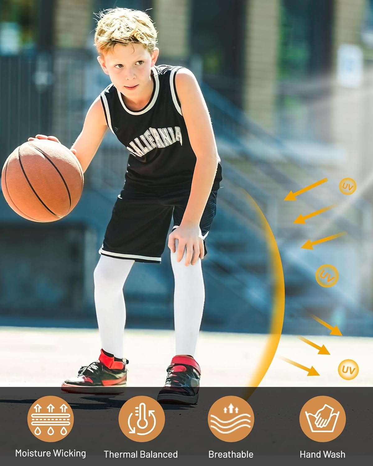 image:imageRunhit Kids Basketball Leg Sleeve Youth Long Compression Leg Sleeves Full Length UV Protection for Soccer Football1 Pairs White
