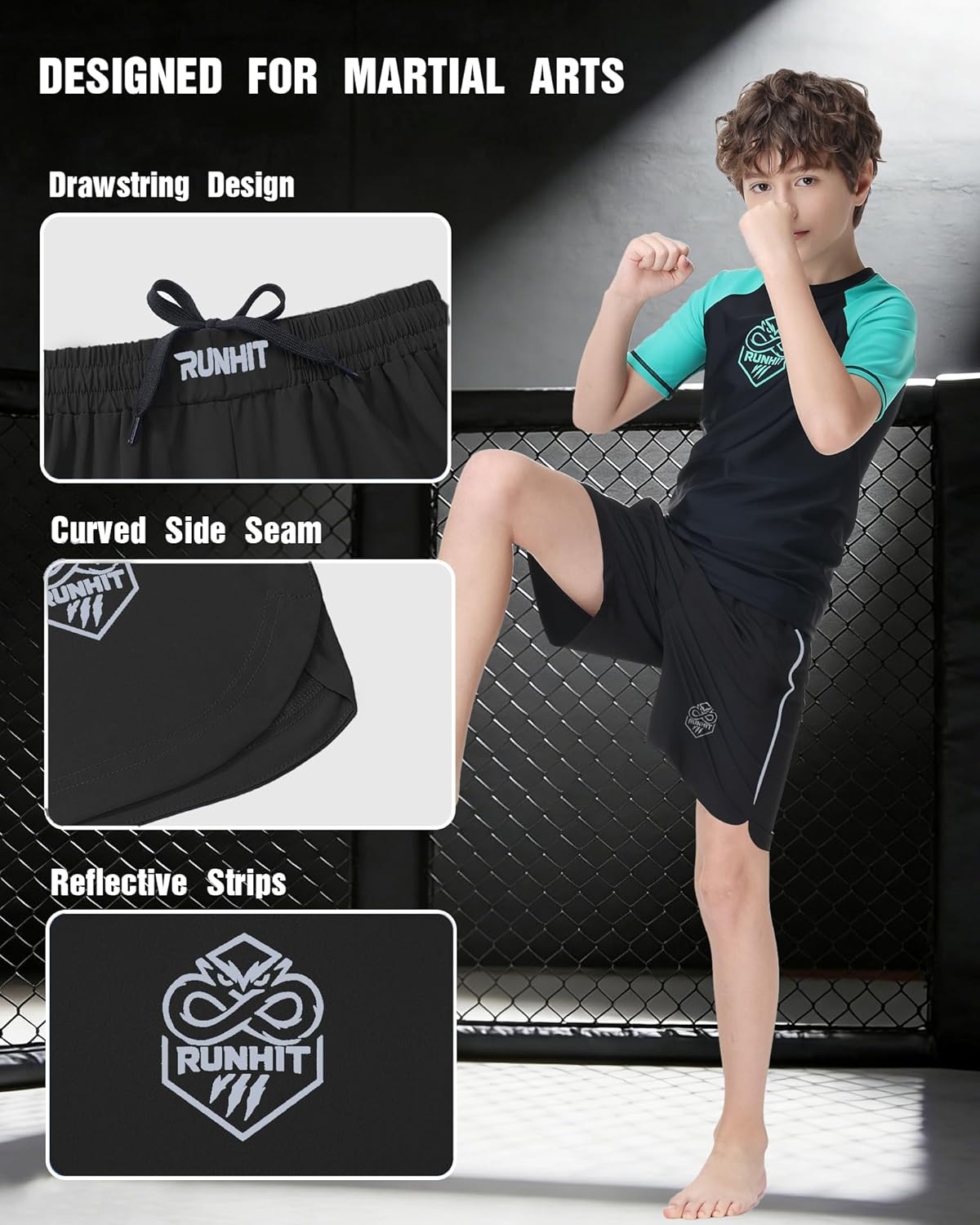 image:imageRunhit Kids MMA BJJ Wrestling Shorts Youth Boys No Gi Grappling Shorts for Boxing Jiu Jitsu Muay Thai TrainingBlack