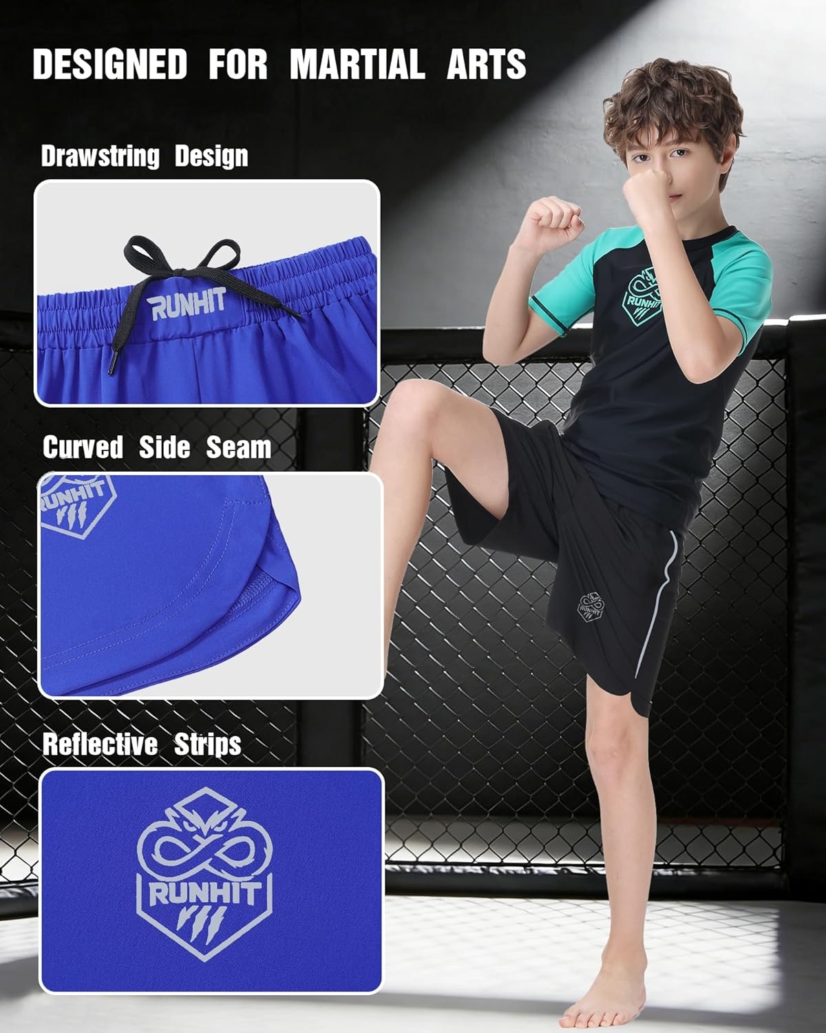image:imageRunhit Kids MMA BJJ Wrestling Shorts Youth Boys No Gi Grappling Shorts for Boxing Jiu Jitsu Muay Thai TrainingBlue