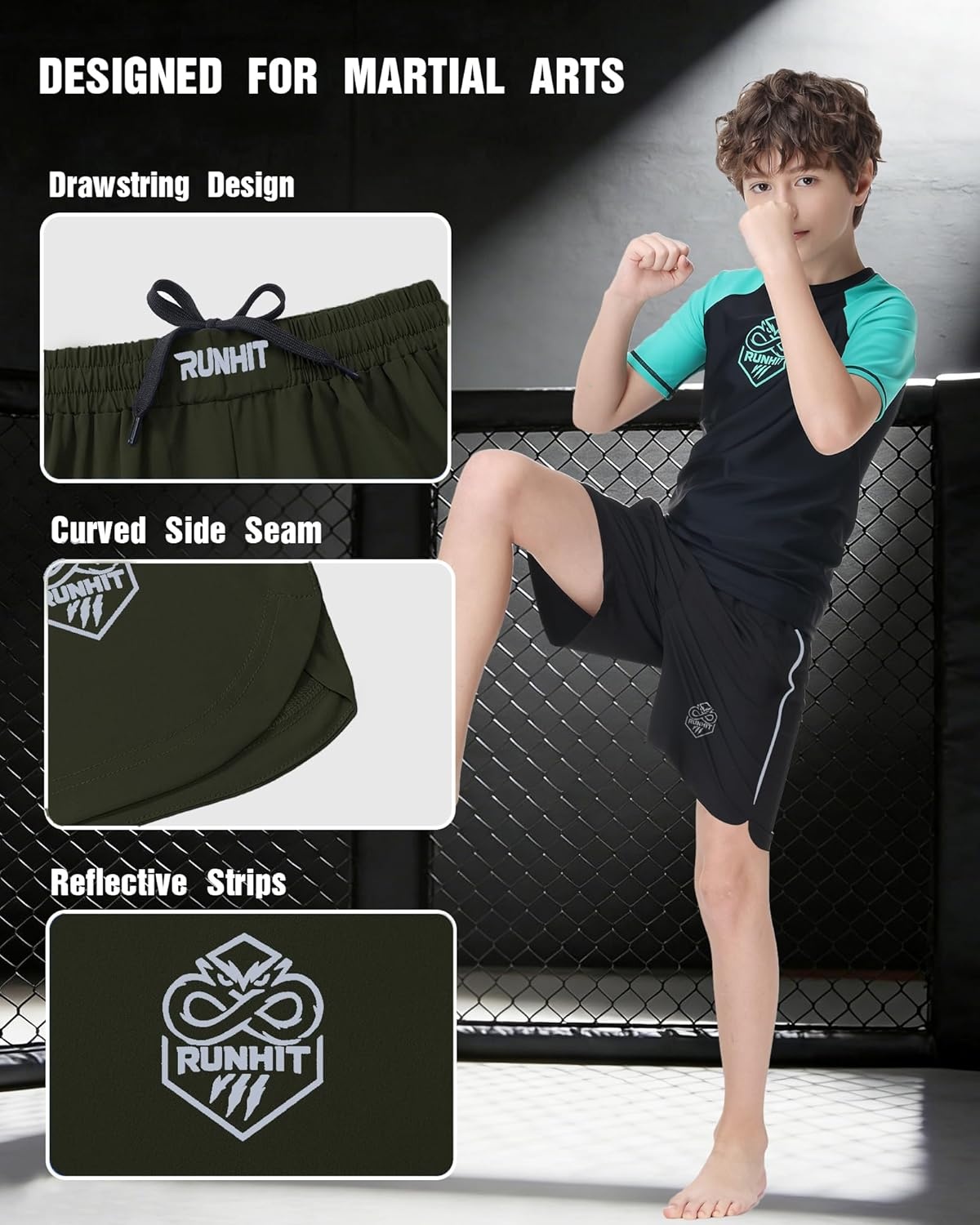 image:imageRunhit Kids MMA BJJ Wrestling Shorts Youth Boys No Gi Grappling Shorts for Boxing Jiu Jitsu Muay Thai TrainingGreen