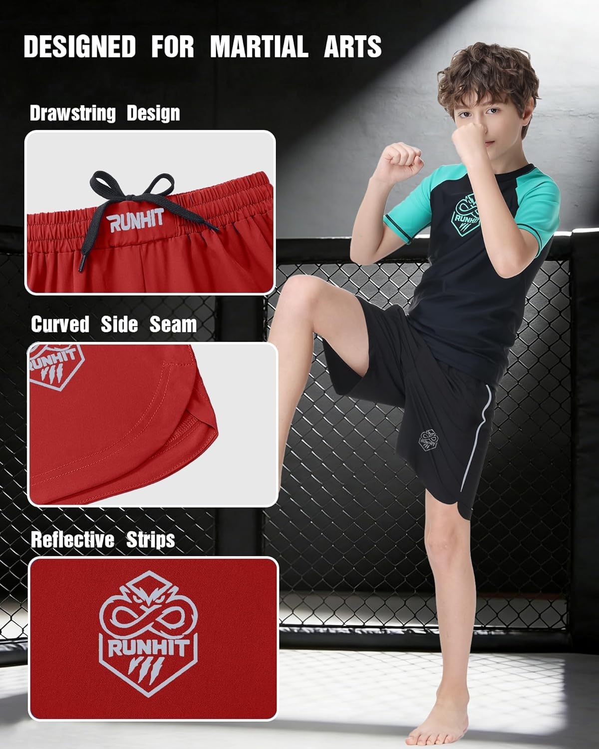 image:imageRunhit Kids MMA BJJ Wrestling Shorts Youth Boys No Gi Grappling Shorts for Boxing Jiu Jitsu Muay Thai TrainingRed