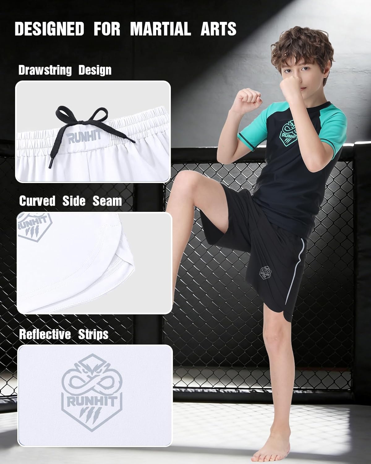 image:imageRunhit Kids MMA BJJ Wrestling Shorts Youth Boys No Gi Grappling Shorts for Boxing Jiu Jitsu Muay Thai TrainingWhite