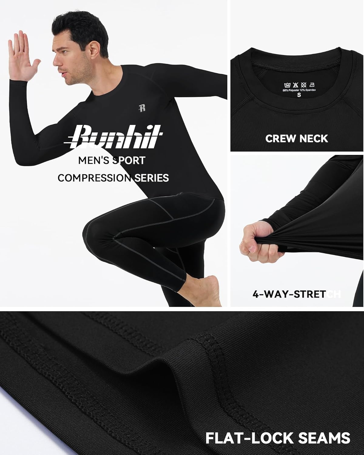 image:imageRunhit Long Sleeve Compression Shirts for Men UPF 50 Mens Compression Shirts Running Athletic Workout Base LayerBlack