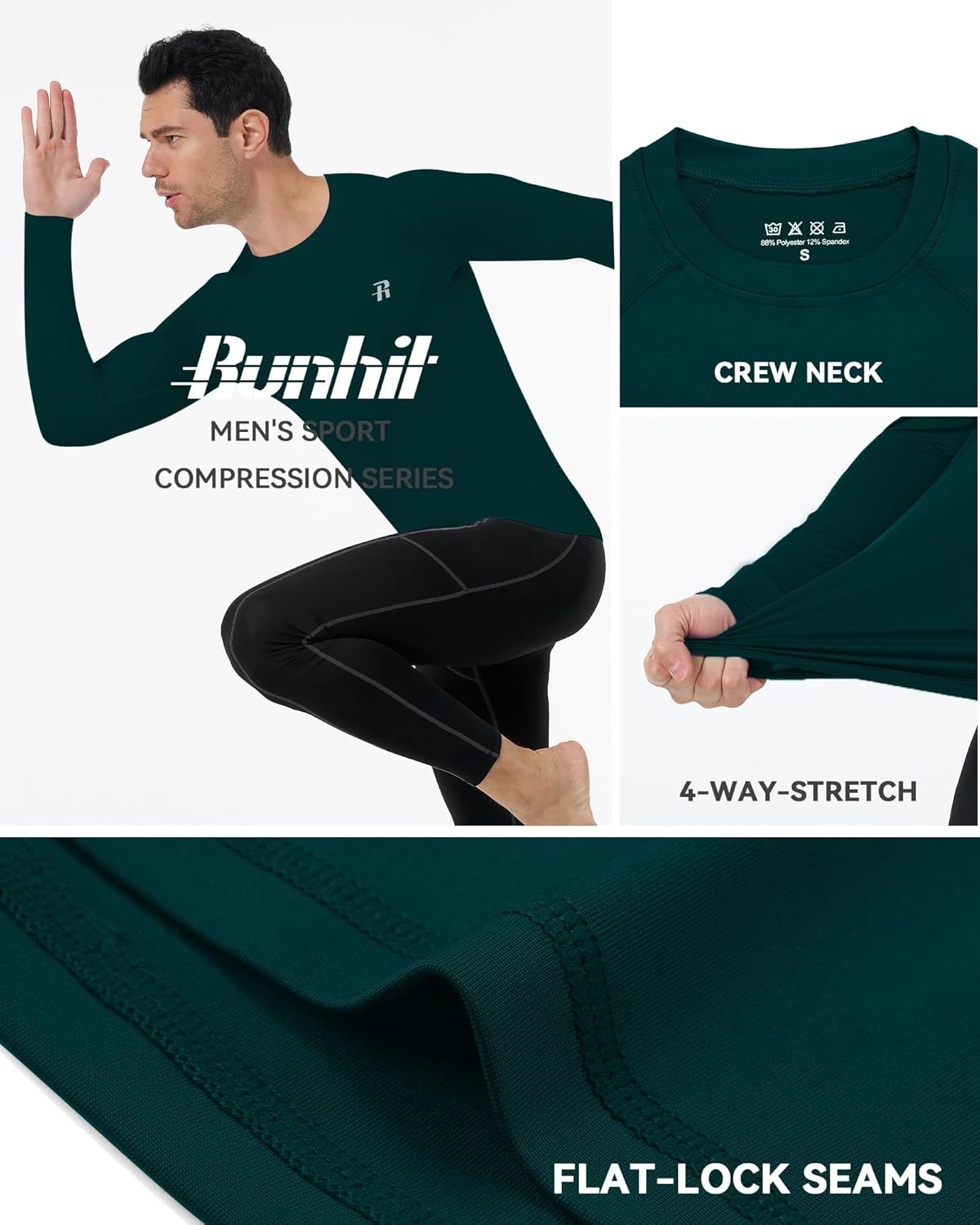 image:imageRunhit Long Sleeve Compression Shirts for Men UPF 50 Mens Compression Shirts Running Athletic Workout Base LayerDrak Green