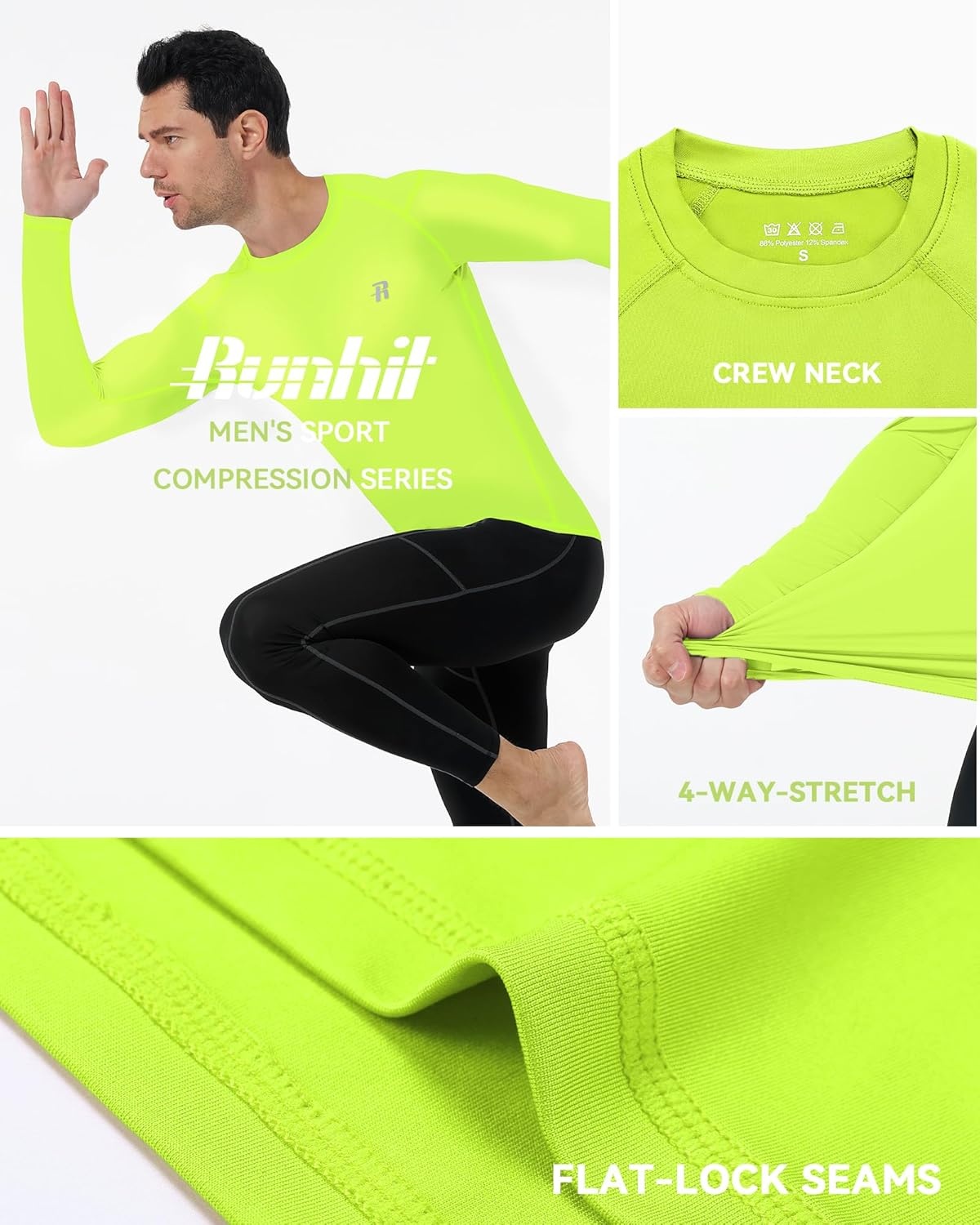 image:imageRunhit Long Sleeve Compression Shirts for Men UPF 50 Mens Compression Shirts Running Athletic Workout Base LayerGreen