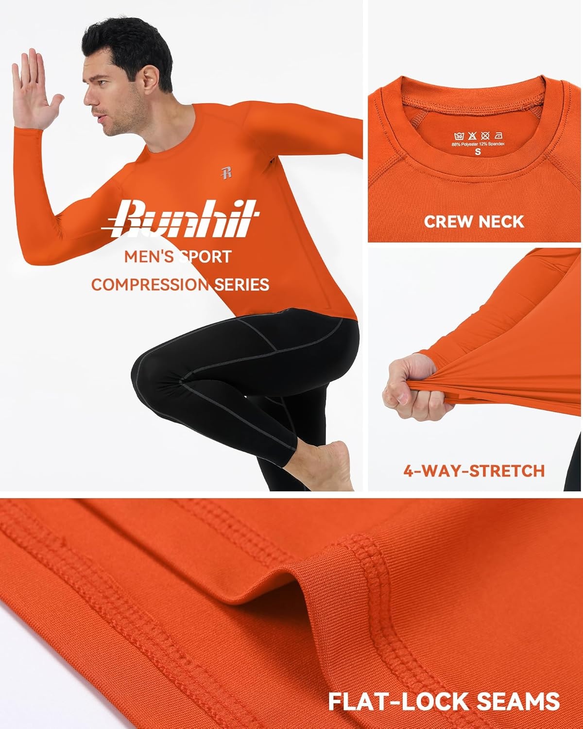 image:imageRunhit Long Sleeve Compression Shirts for Men UPF 50 Mens Compression Shirts Running Athletic Workout Base LayerOrange