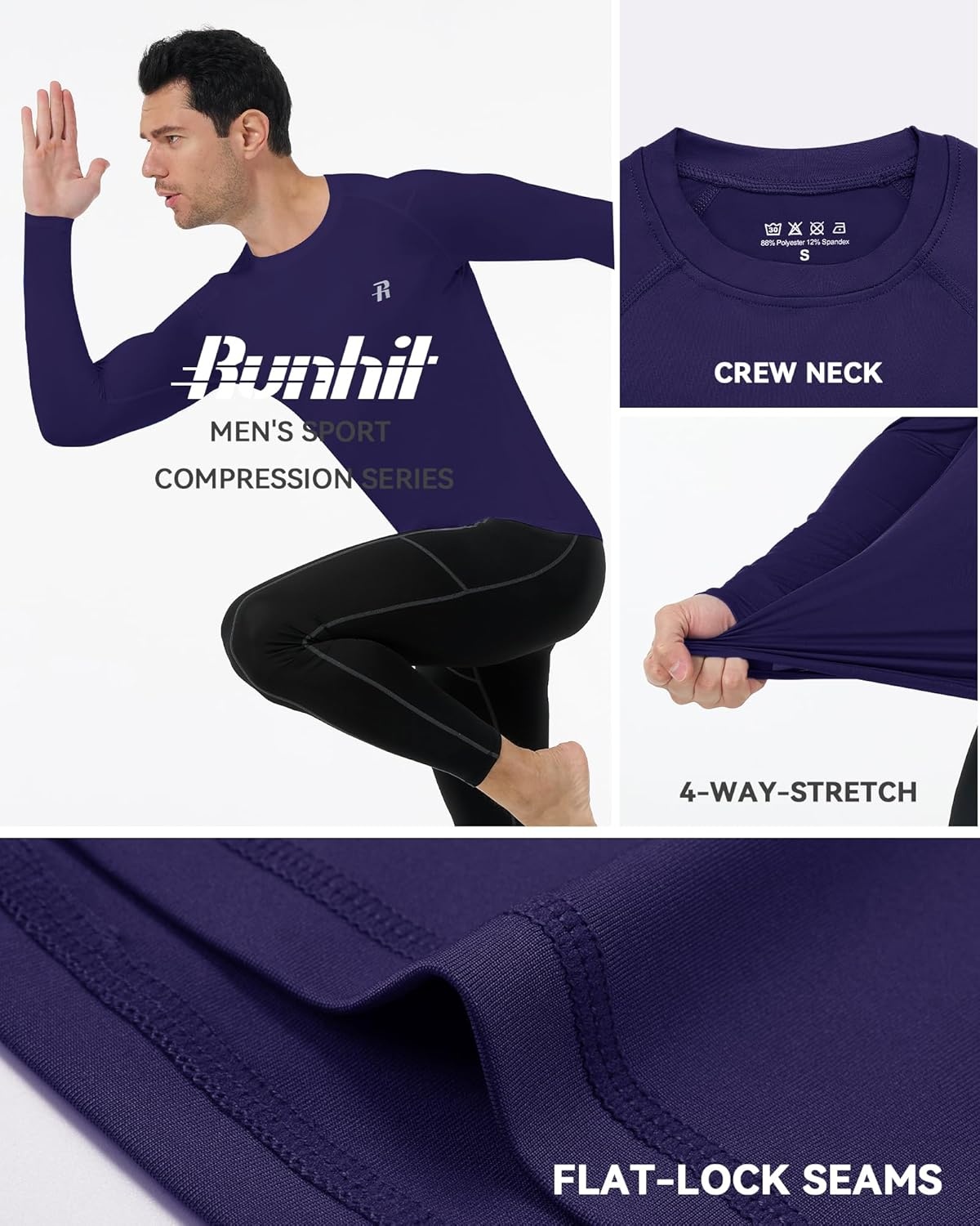 image:imageRunhit Long Sleeve Compression Shirts for Men UPF 50 Mens Compression Shirts Running Athletic Workout Base LayerPurple
