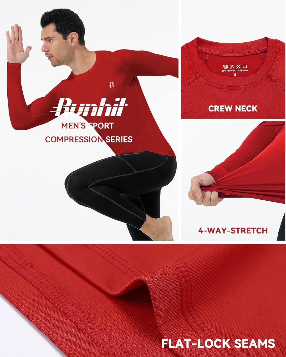 image:imageRunhit Long Sleeve Compression Shirts for Men UPF 50 Mens Compression Shirts Running Athletic Workout Base LayerRed