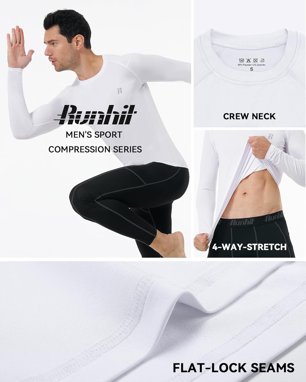 image:imageRunhit Long Sleeve Compression Shirts for Men UPF 50 Mens Compression Shirts Running Athletic Workout Base LayerWhite