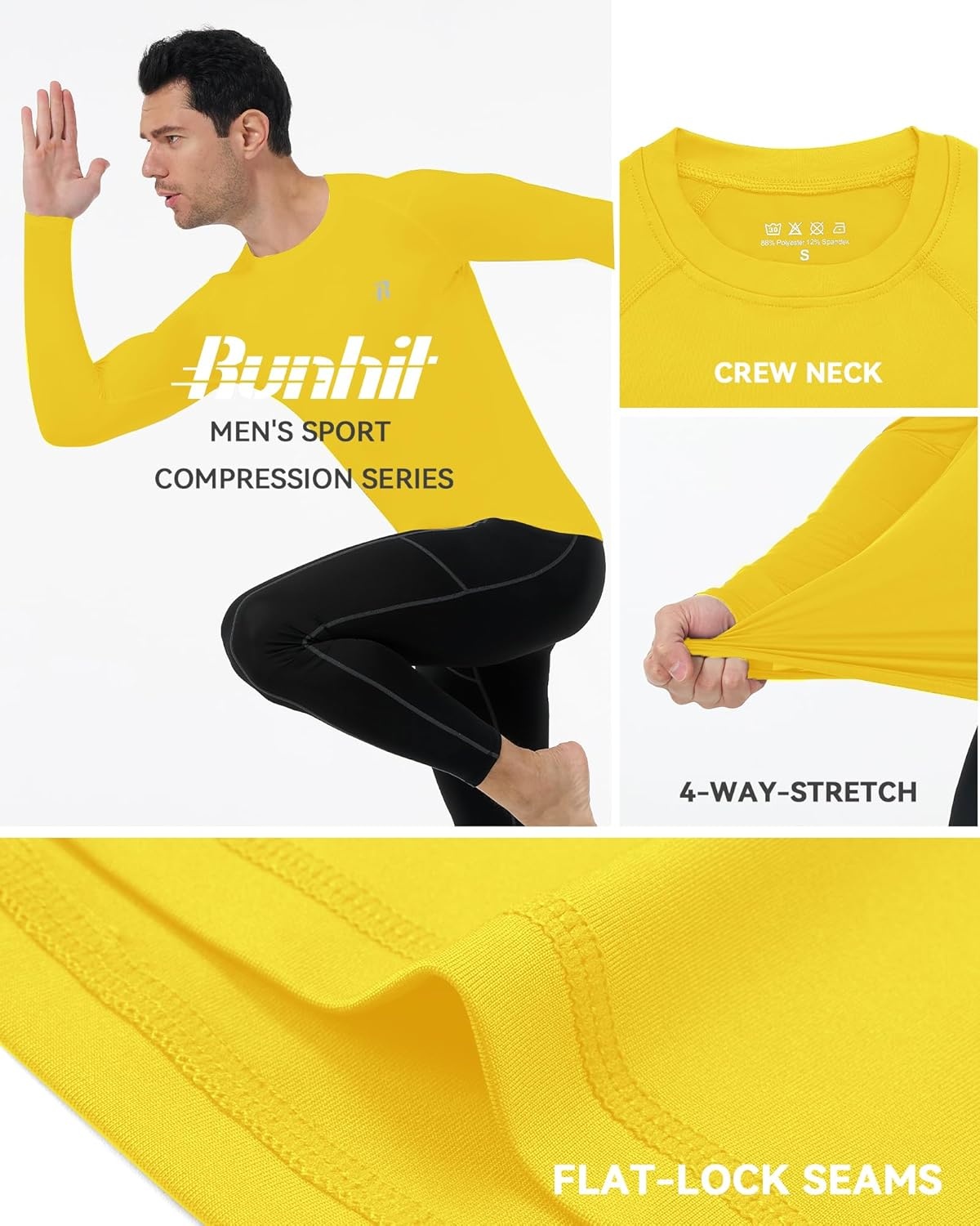 image:imageRunhit Long Sleeve Compression Shirts for Men UPF 50 Mens Compression Shirts Running Athletic Workout Base LayerYellow