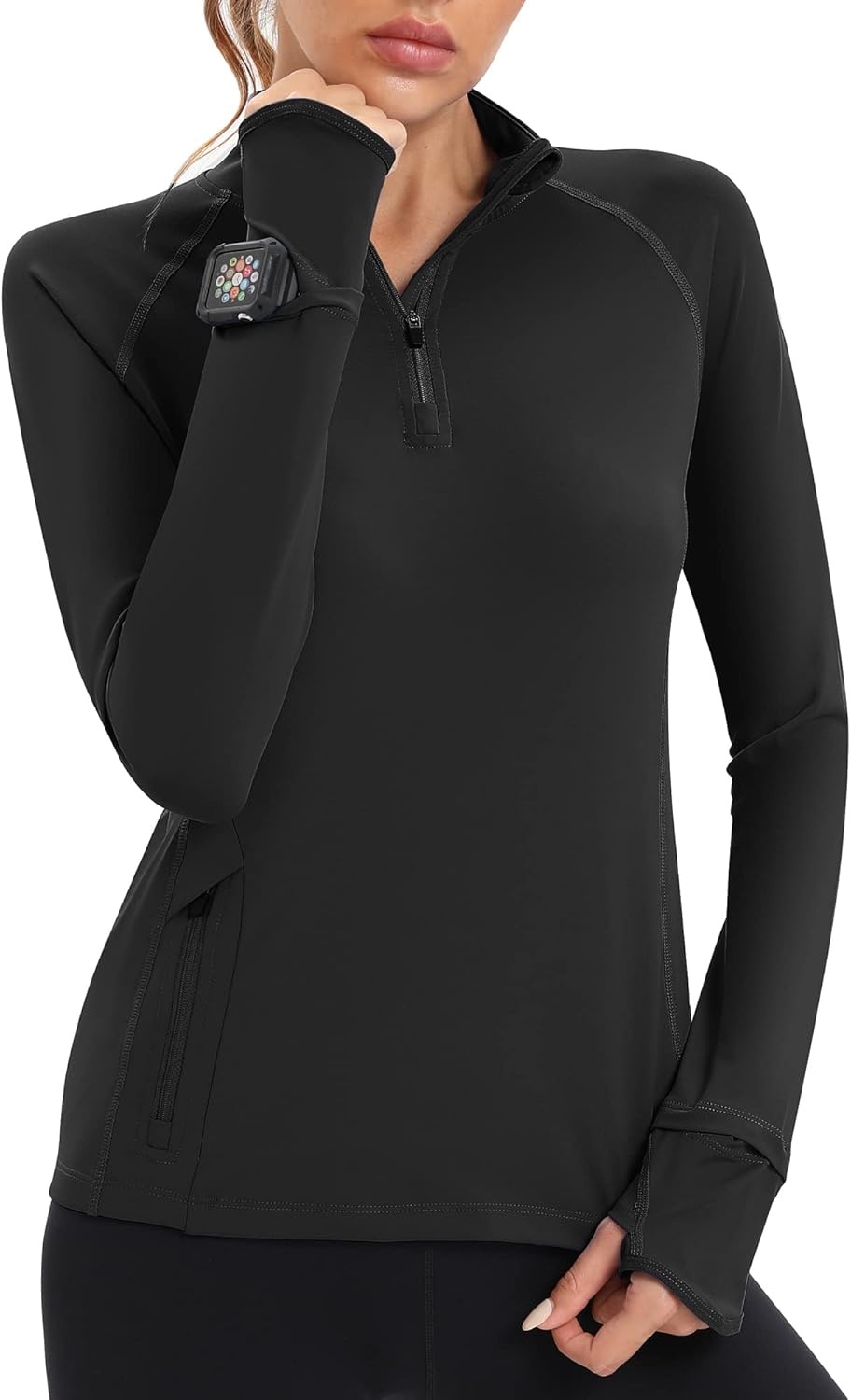 image:imageRunhit Long Sleeve Golf Shirts Women Zip Pullover UPF 50 Sun Shirts Quick Dry Hiking Tennis Running Shirts Workout TopsBlack