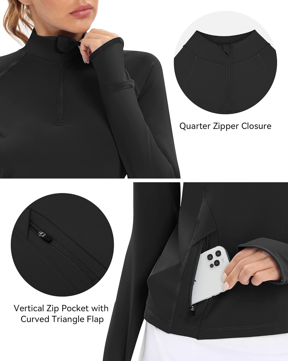 image:imageRunhit Long Sleeve Golf Shirts Women Zip Pullover UPF 50 Sun Shirts Quick Dry Hiking Tennis Running Shirts Workout TopsBlack