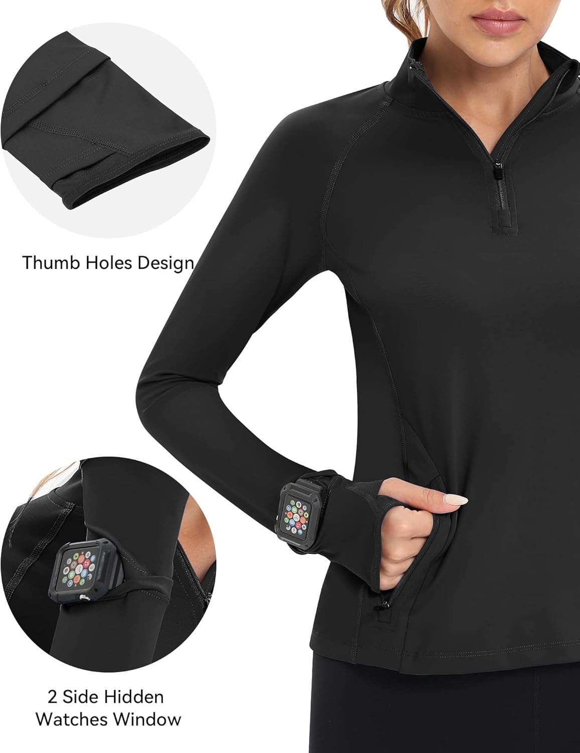 image:imageRunhit Long Sleeve Golf Shirts Women Zip Pullover UPF 50 Sun Shirts Quick Dry Hiking Tennis Running Shirts Workout TopsBlack