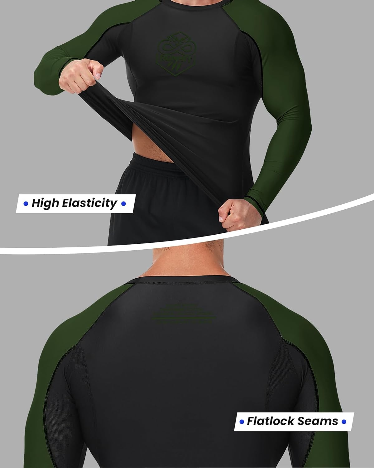 image:imageRunhit Mens BJJ Rash Guard Jiu Jitsu Compression Shirts Long Sleeve for MMA No GI Wrestling Grappling Sports Base LayerArmy Green