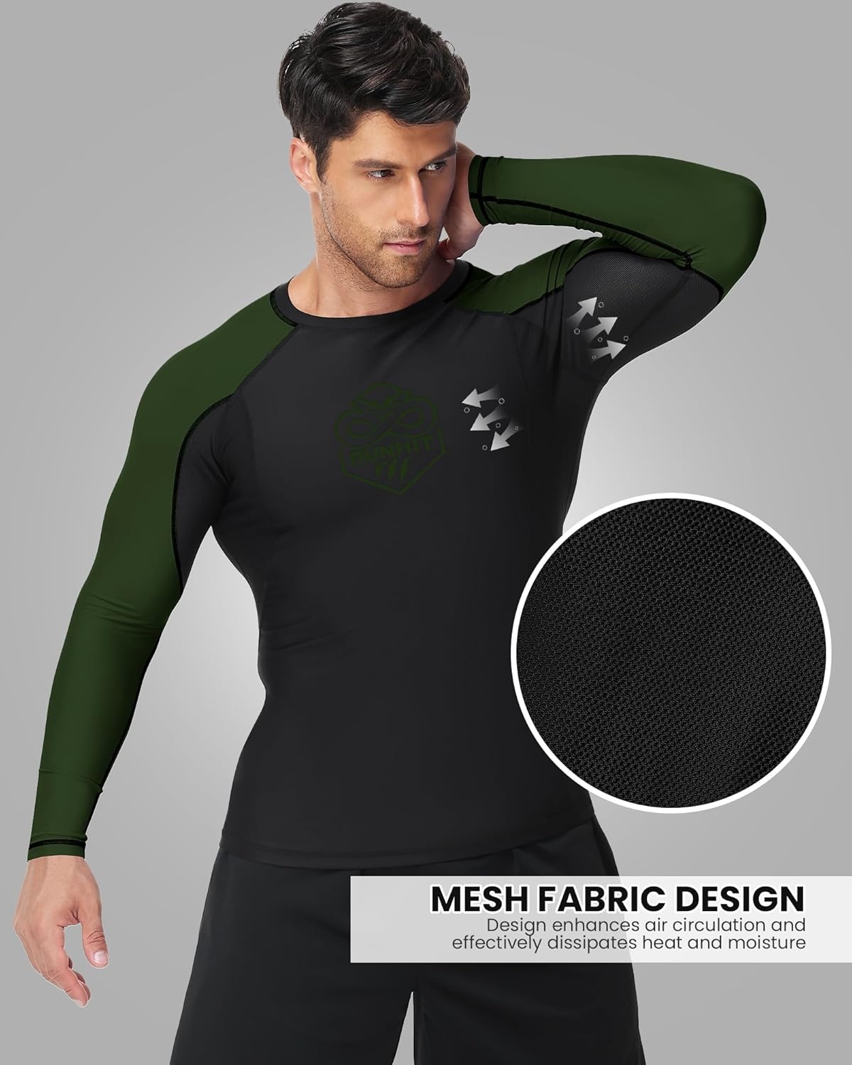 image:imageRunhit Mens BJJ Rash Guard Jiu Jitsu Compression Shirts Long Sleeve for MMA No GI Wrestling Grappling Sports Base LayerArmy Green