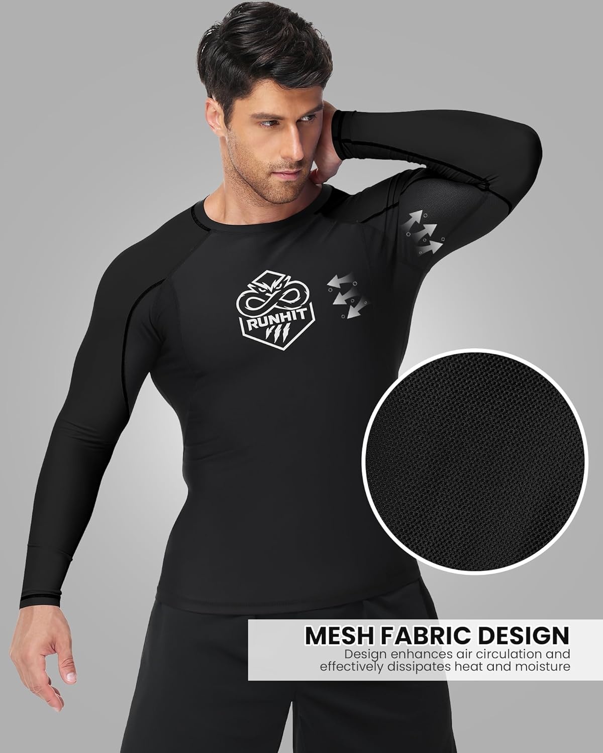 image:imageRunhit Mens BJJ Rash Guard Jiu Jitsu Compression Shirts Long Sleeve for MMA No GI Wrestling Grappling Sports Base LayerBlack