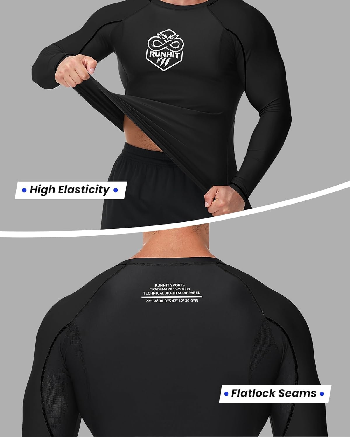 image:imageRunhit Mens BJJ Rash Guard Jiu Jitsu Compression Shirts Long Sleeve for MMA No GI Wrestling Grappling Sports Base LayerBlack