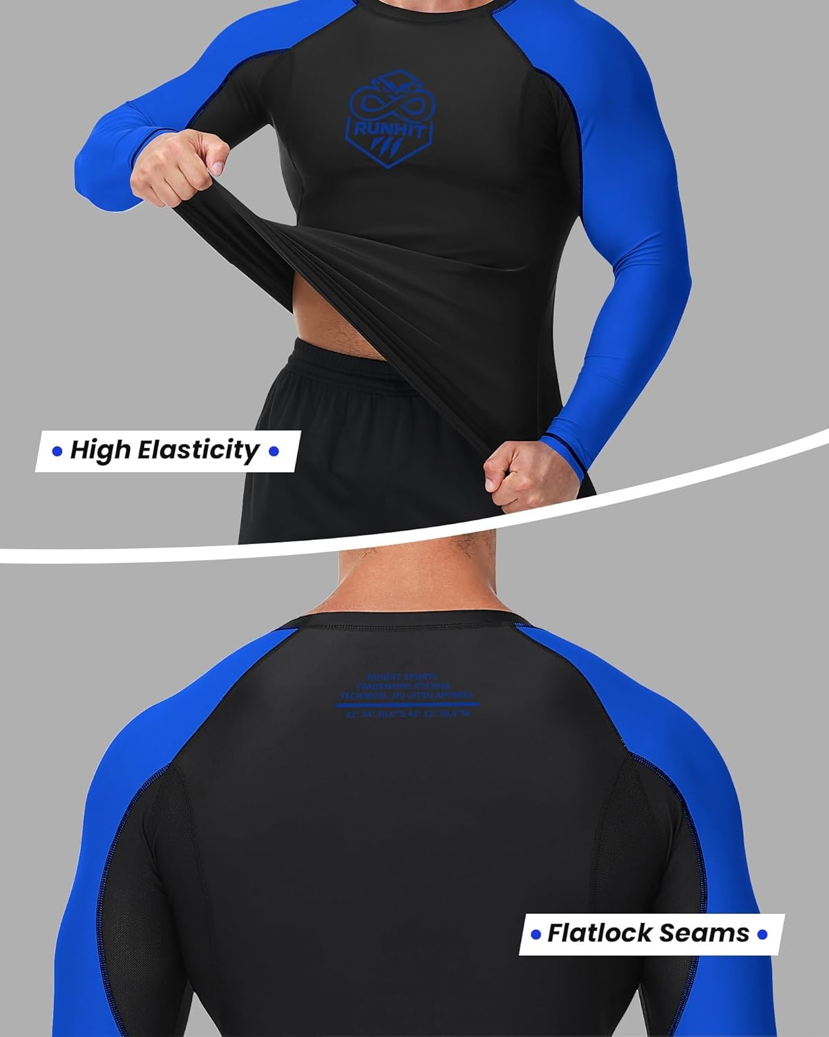 image:imageRunhit Mens BJJ Rash Guard Jiu Jitsu Compression Shirts Long Sleeve for MMA No GI Wrestling Grappling Sports Base LayerBlue