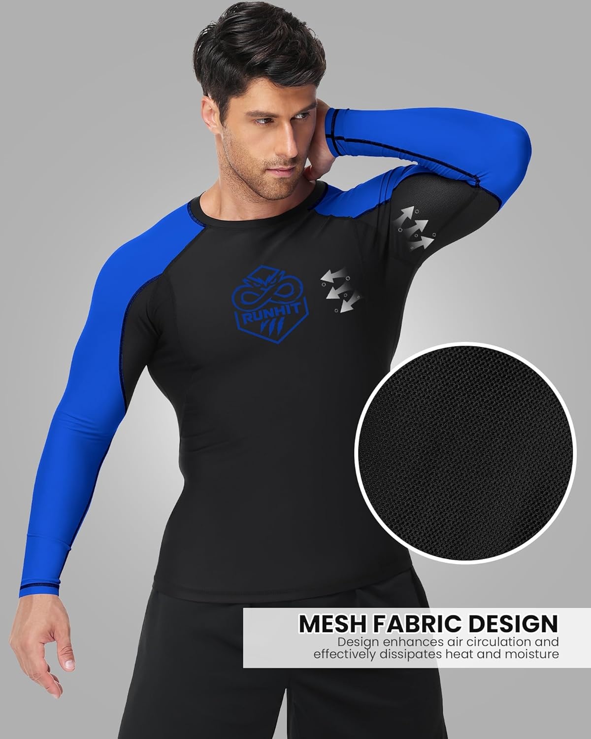 image:imageRunhit Mens BJJ Rash Guard Jiu Jitsu Compression Shirts Long Sleeve for MMA No GI Wrestling Grappling Sports Base LayerBlue