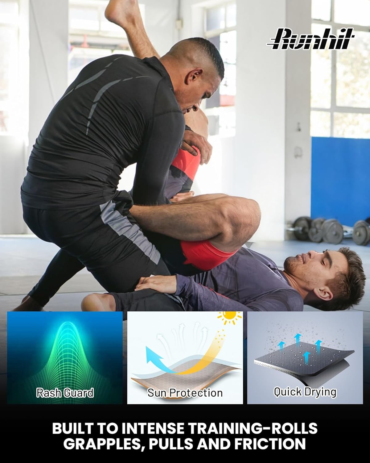 image:imageRunhit Mens BJJ Rash Guard Jiu Jitsu Compression Shirts Long Sleeve for MMA No GI Wrestling Grappling Sports Base LayerBlue