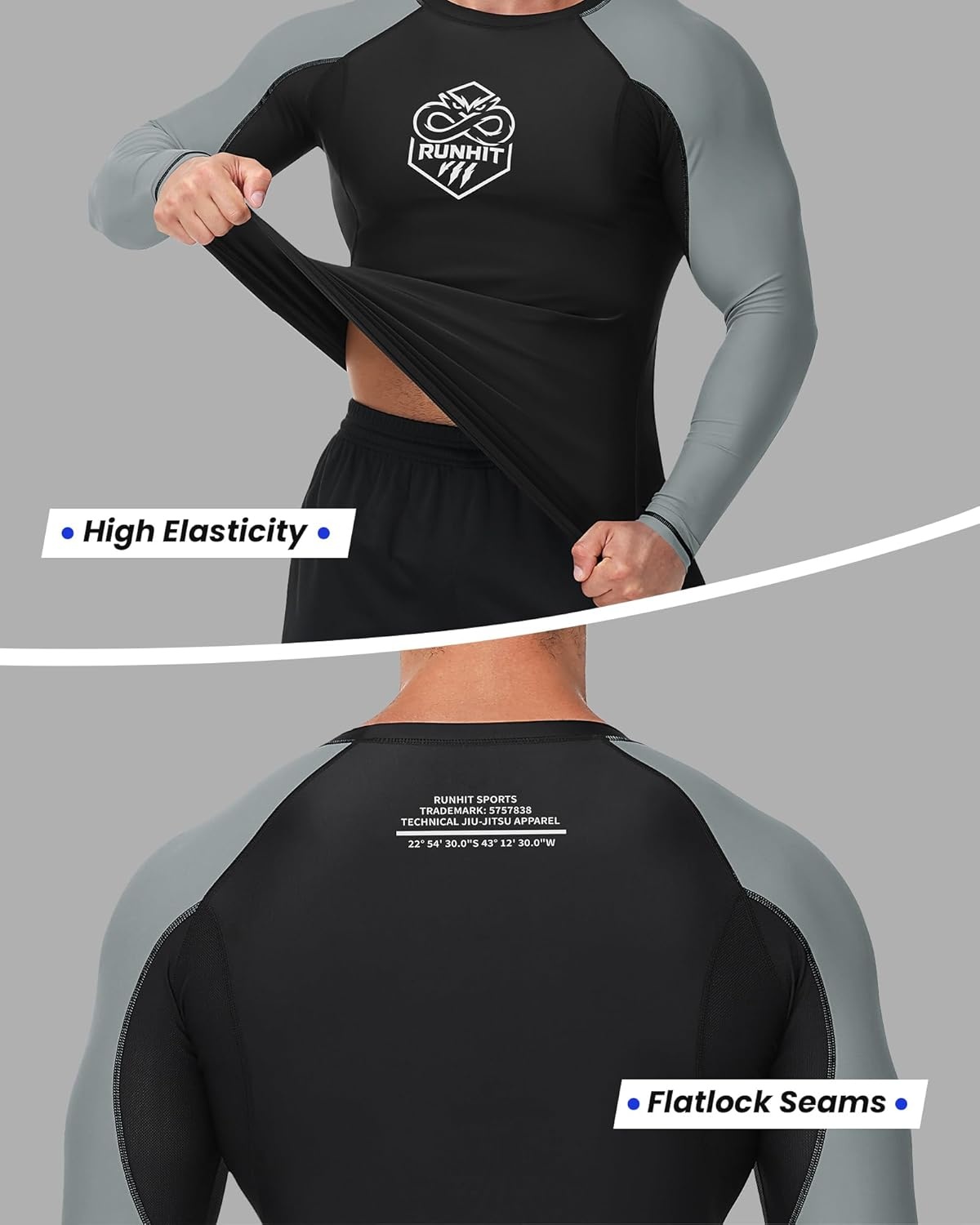 image:imageRunhit Mens BJJ Rash Guard Jiu Jitsu Compression Shirts Long Sleeve for MMA No GI Wrestling Grappling Sports Base LayerGray