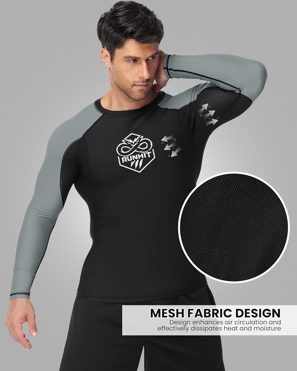 image:imageRunhit Mens BJJ Rash Guard Jiu Jitsu Compression Shirts Long Sleeve for MMA No GI Wrestling Grappling Sports Base LayerGray