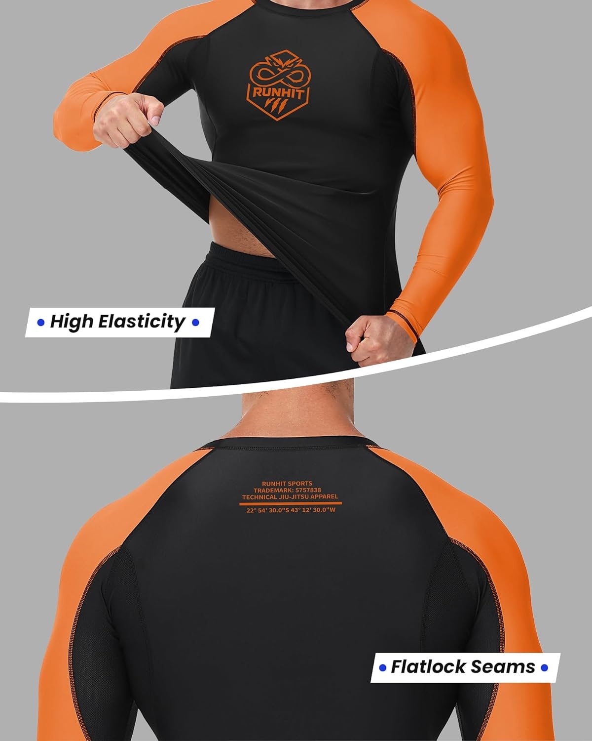 image:imageRunhit Mens BJJ Rash Guard Jiu Jitsu Compression Shirts Long Sleeve for MMA No GI Wrestling Grappling Sports Base LayerOrange