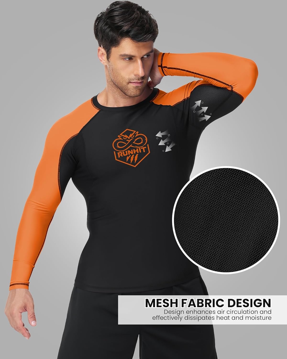image:imageRunhit Mens BJJ Rash Guard Jiu Jitsu Compression Shirts Long Sleeve for MMA No GI Wrestling Grappling Sports Base LayerOrange