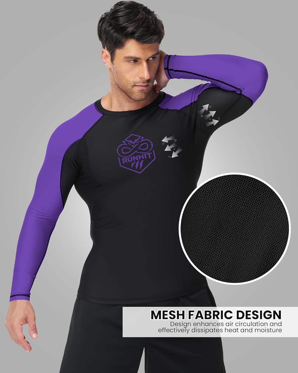 image:imageRunhit Mens BJJ Rash Guard Jiu Jitsu Compression Shirts Long Sleeve for MMA No GI Wrestling Grappling Sports Base LayerPurple