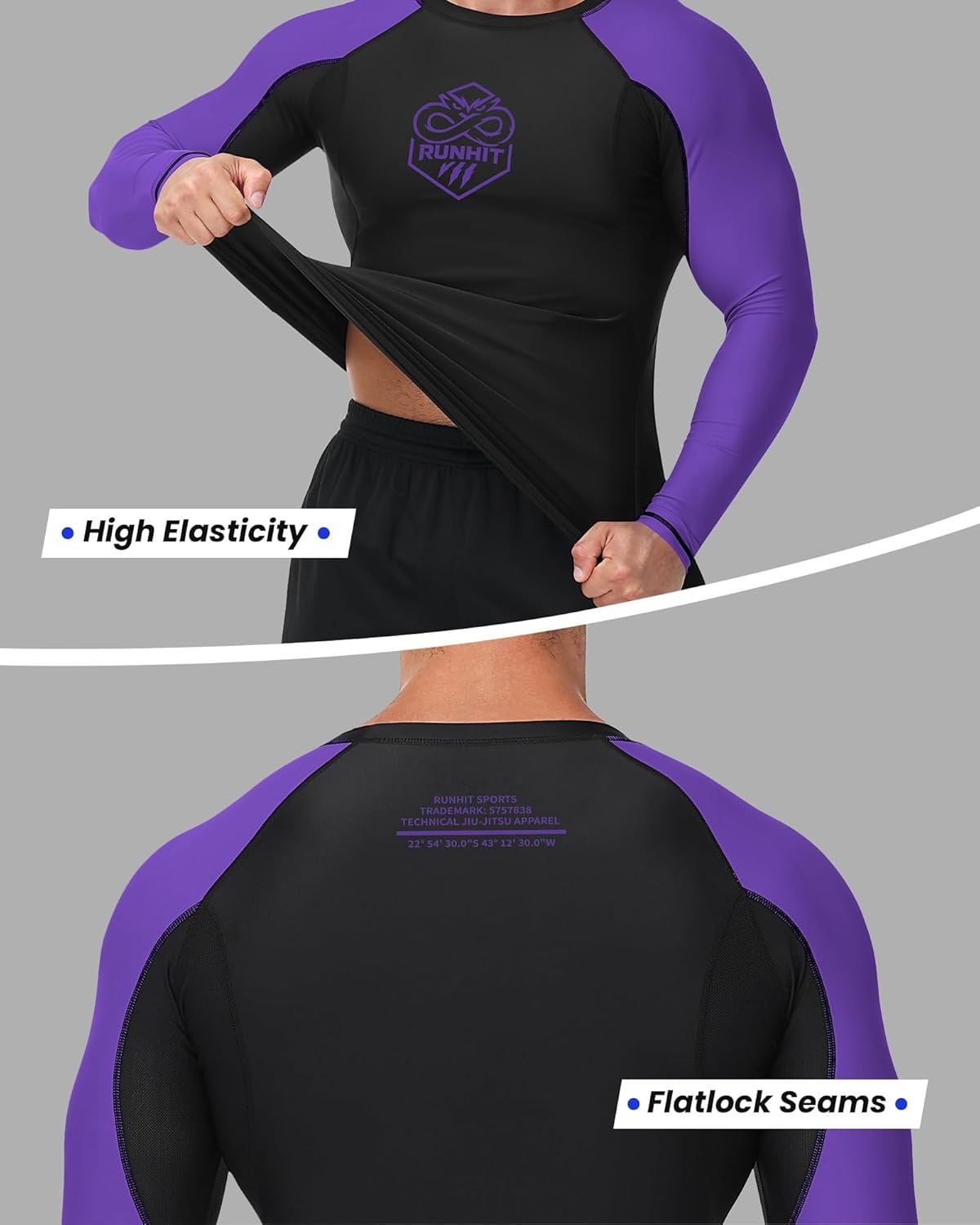image:imageRunhit Mens BJJ Rash Guard Jiu Jitsu Compression Shirts Long Sleeve for MMA No GI Wrestling Grappling Sports Base LayerPurple