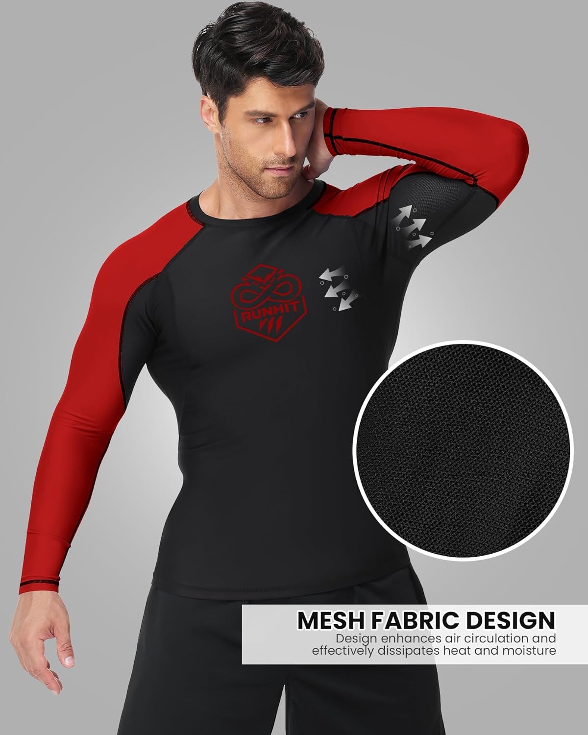 image:imageRunhit Mens BJJ Rash Guard Jiu Jitsu Compression Shirts Long Sleeve for MMA No GI Wrestling Grappling Sports Base LayerRed