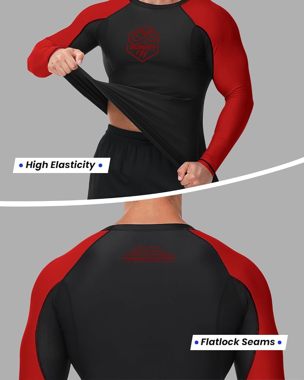 image:imageRunhit Mens BJJ Rash Guard Jiu Jitsu Compression Shirts Long Sleeve for MMA No GI Wrestling Grappling Sports Base LayerRed