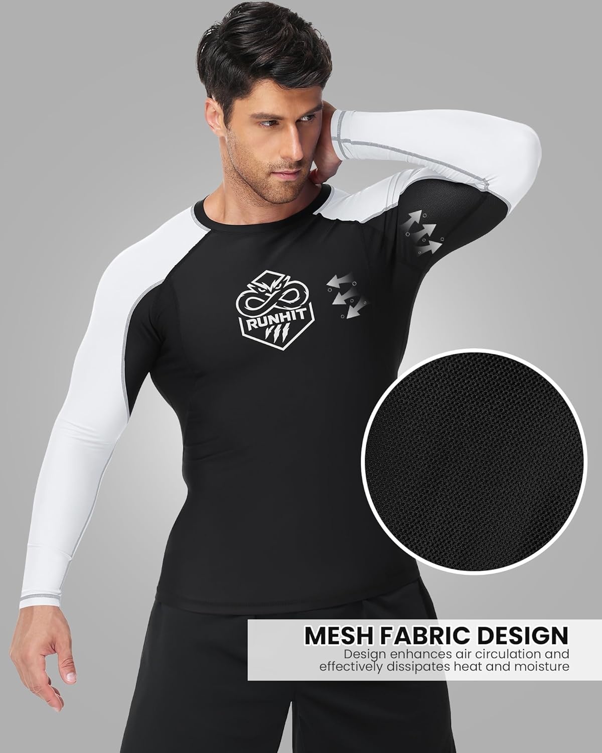 image:imageRunhit Mens BJJ Rash Guard Jiu Jitsu Compression Shirts Long Sleeve for MMA No GI Wrestling Grappling Sports Base LayerWhite