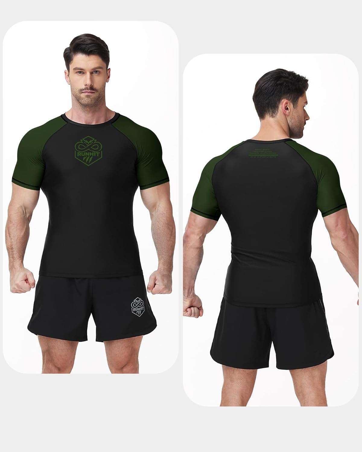 image:imageRunhit Mens BJJ Rash Guard Jiu Jitsu Compression Shirts Short Sleeve for MMA No GI Wrestling Sports Base Layer UPF 50Army Green