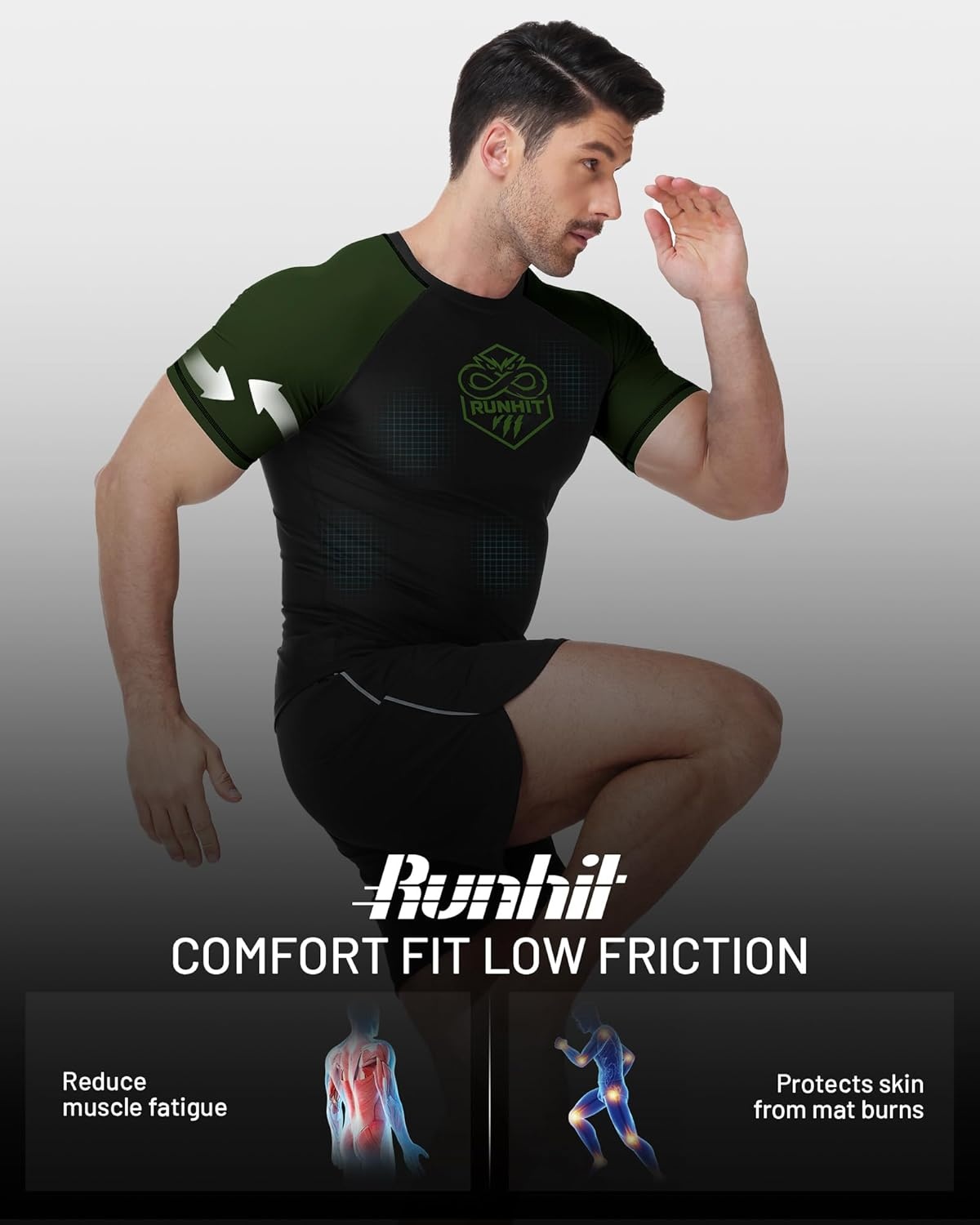 image:imageRunhit Mens BJJ Rash Guard Jiu Jitsu Compression Shirts Short Sleeve for MMA No GI Wrestling Sports Base Layer UPF 50Army Green