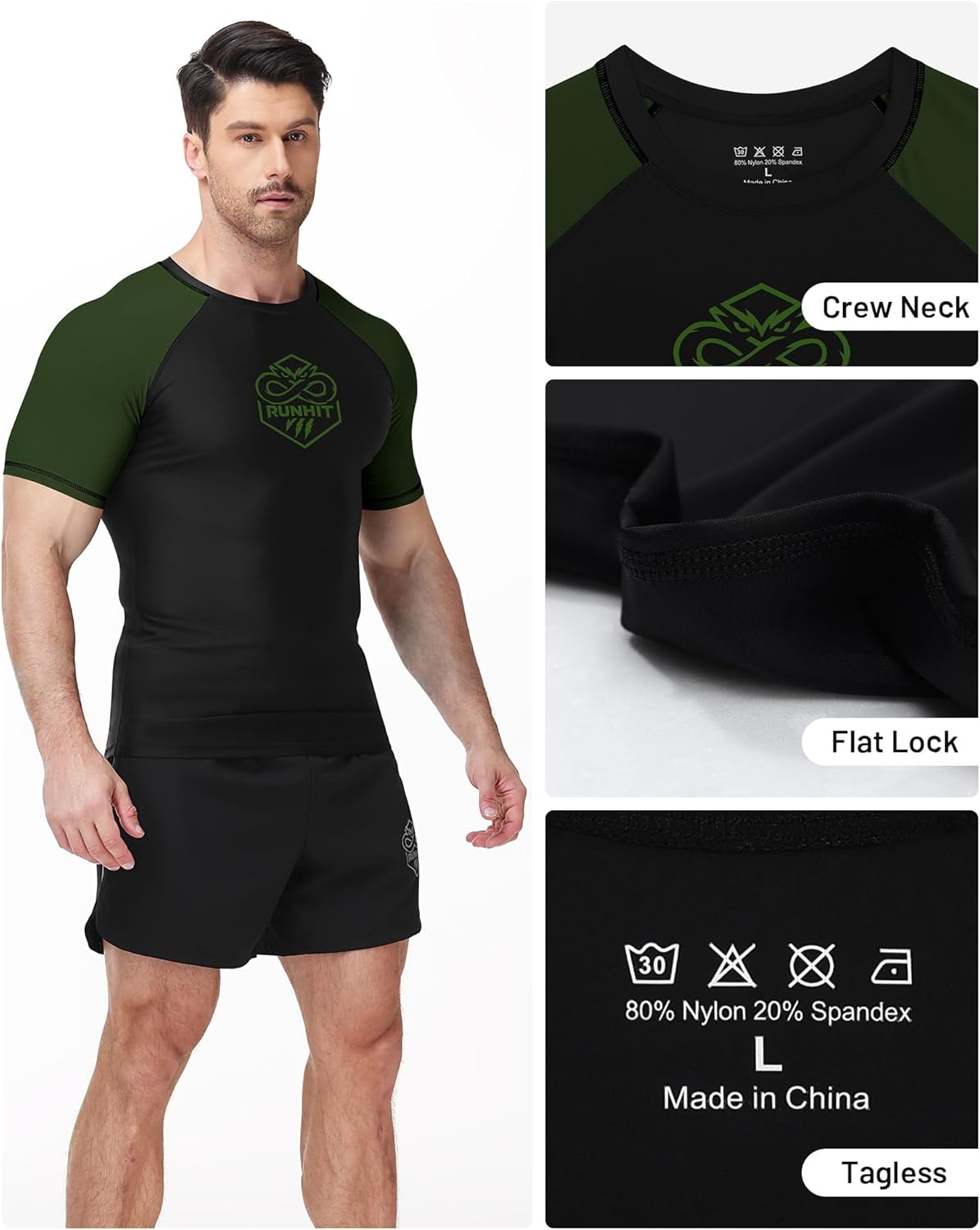 image:imageRunhit Mens BJJ Rash Guard Jiu Jitsu Compression Shirts Short Sleeve for MMA No GI Wrestling Sports Base Layer UPF 50Army Green
