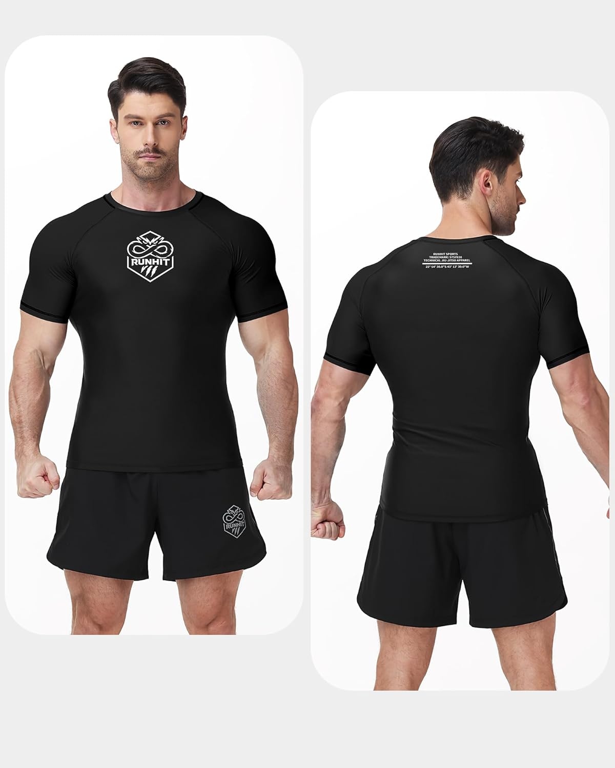 image:imageRunhit Mens BJJ Rash Guard Jiu Jitsu Compression Shirts Short Sleeve for MMA No GI Wrestling Sports Base Layer UPF 50Black