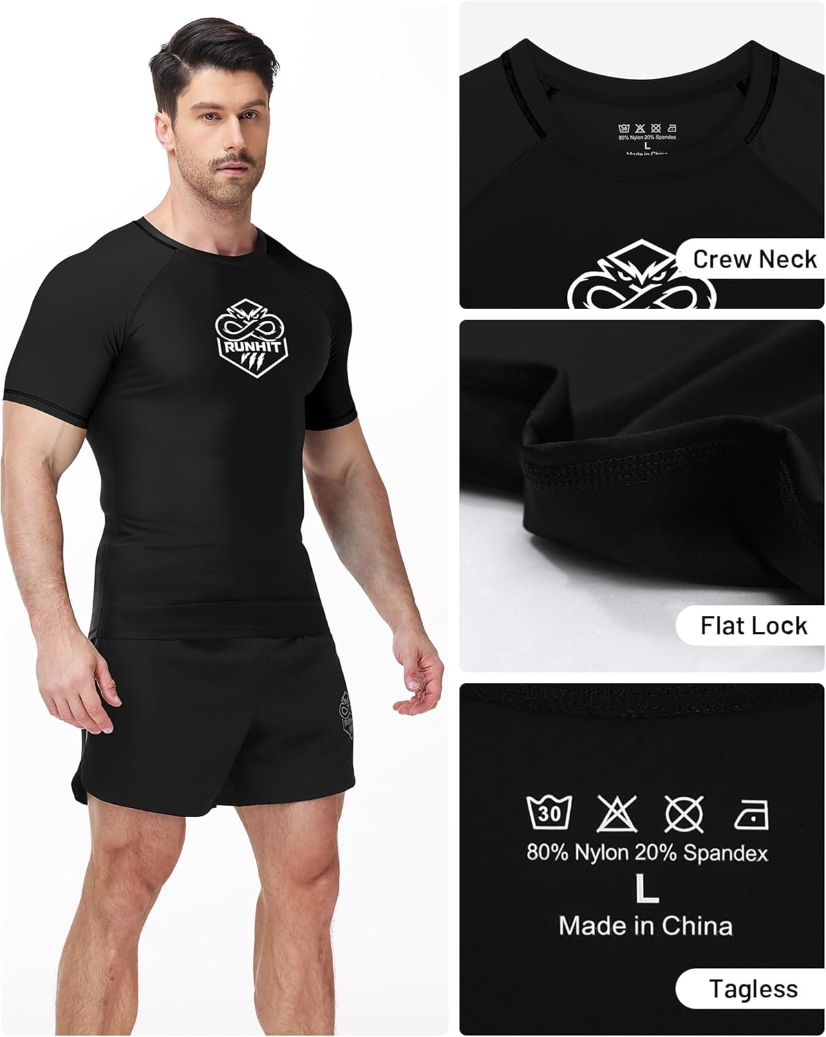 image:imageRunhit Mens BJJ Rash Guard Jiu Jitsu Compression Shirts Short Sleeve for MMA No GI Wrestling Sports Base Layer UPF 50Black