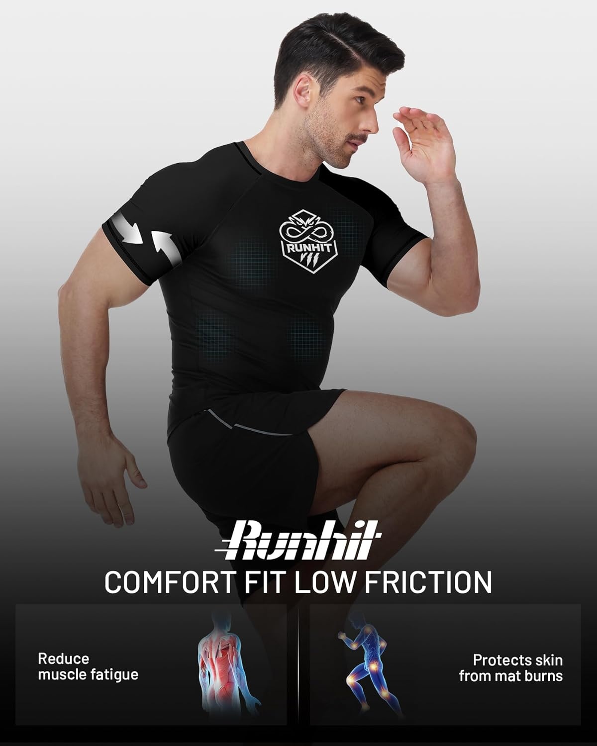 image:imageRunhit Mens BJJ Rash Guard Jiu Jitsu Compression Shirts Short Sleeve for MMA No GI Wrestling Sports Base Layer UPF 50Black
