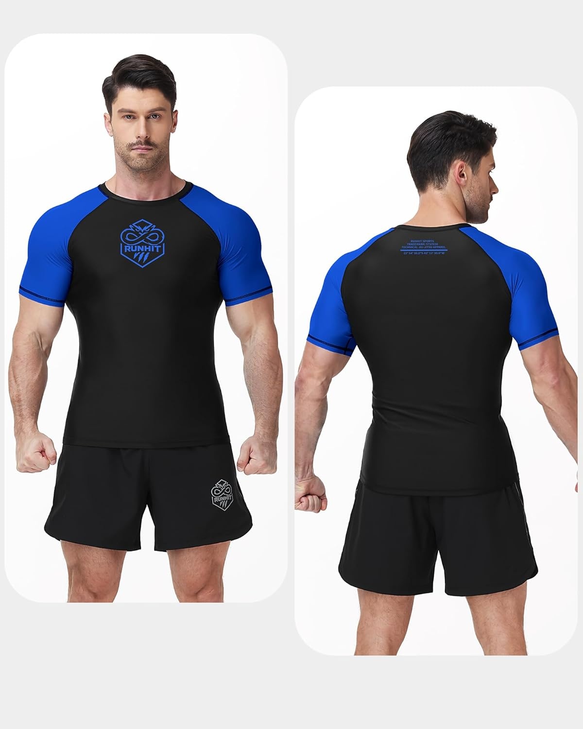 image:imageRunhit Mens BJJ Rash Guard Jiu Jitsu Compression Shirts Short Sleeve for MMA No GI Wrestling Sports Base Layer UPF 50Blue