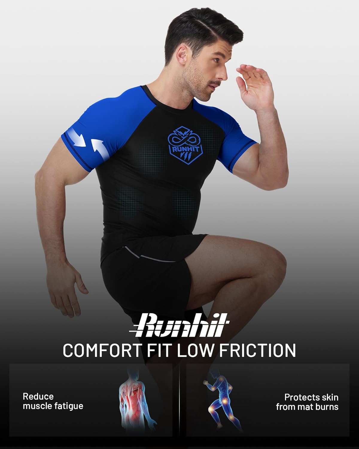 image:imageRunhit Mens BJJ Rash Guard Jiu Jitsu Compression Shirts Short Sleeve for MMA No GI Wrestling Sports Base Layer UPF 50Blue